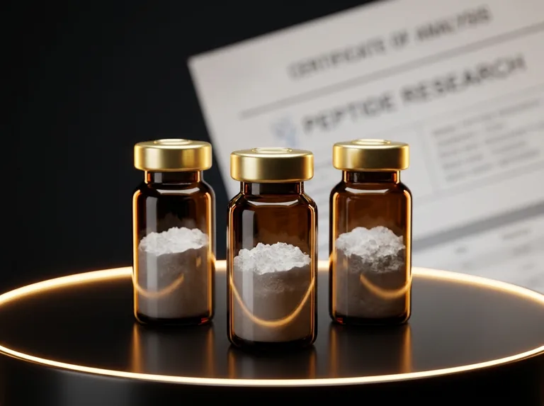 Three amber peptide vials with gold caps and powder beside a Certificate of Analysis — Aura Labs lab tested