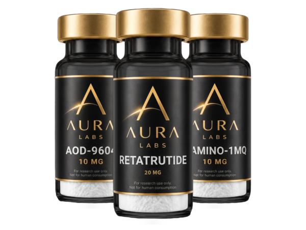 Aura Labs research peptide vials: BPC-157, Retatrutide, GHK-Cu